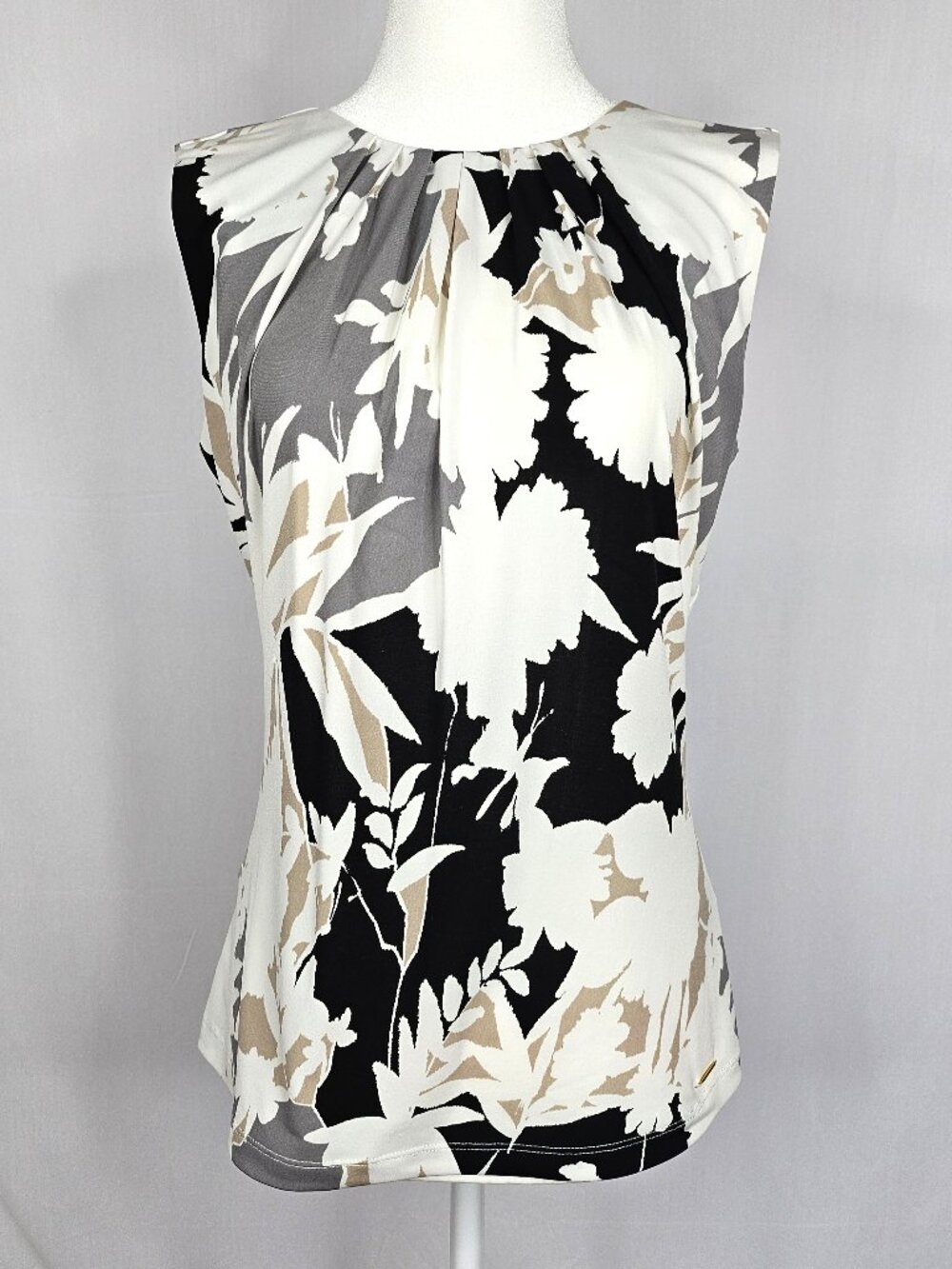 Calvin Klein Sleeveless Floral Blouse | Pleated Neck | Size S